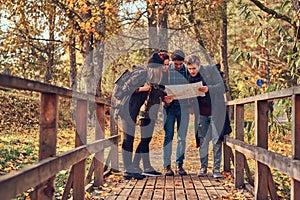 Group of young friends hiking in autumn colorful forest, looking at map and planning hike.