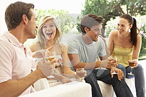 Group Of Young Friends Relaxing On Sofa Drinking Wine Together