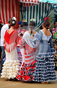 Group of young girls, Flamenco dresses, Seville Fair, Andalusia, Spain