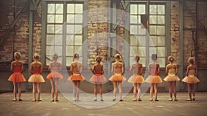 A group of young girls are lined up in a room, all wearing orange tutus