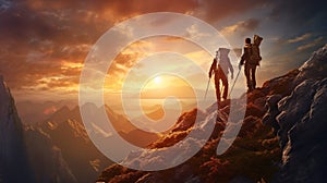 Group of young hikers with backpacks walks with backpacks and helps each other in climbing in sunset mountains