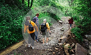 Group of young hikers walking along a forest path in the mountains near a stream. Friends in casual clothes on a hike go through