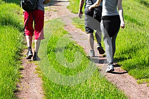 Group of young hikers walking down a trail