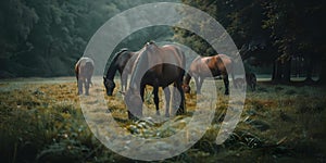 Group of young horses grazing in a field . Concept Animals, Nature, Horses, Grazing, Field