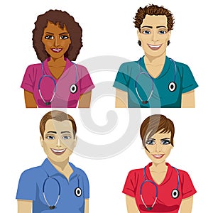 Group of young hospital workers in scrubs