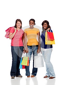 Group of Young Ladies with Shopping bags on white