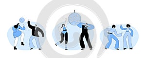 Group Of Young People In 1970s 1980s Fashion Style Of Clothes And Hairstyle Dancing Disco Dance Vector Illustration