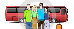 A group of Young People Before the Bus Ride. Guys and Girls Go on a Bus Tour on Vacation. Modern flat vector illustration,