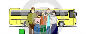 A group of Young People Before the Bus Ride. Guys and Girls Go on a Bus Tour on Vacation. Modern flat vector illustration,