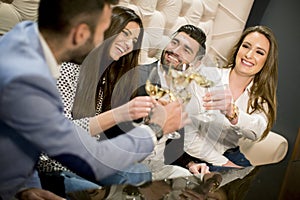 Group of young people celebrating and toasting with white wine