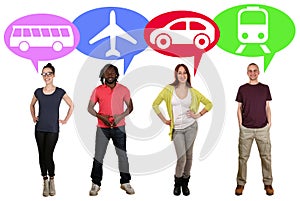 Group of young people choosing bus, train, car or plane