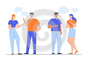 Group of Young People Communicating with Speech Bubbles on White Background. Men and Women Talking Chatting