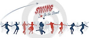 Group of young people dancing swing, lindy or rock`n roll photo