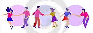 A group of young people dancing swing, lindy or rock and roll. Round phot and space for the text. Vector illustration in flat