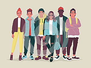 Group of young people dressed in trendy street style clothes. Girls and boys in fashionable outfits photo