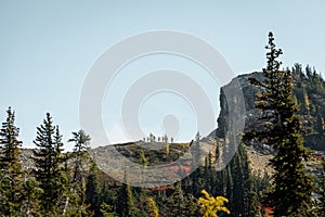 Group of young people get together to take a hike and go trekking in the high mountains of north cascades national park in norther