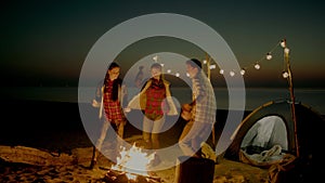 Group of young people having camp on the beach at night