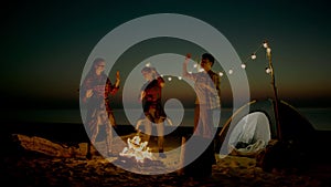 Group of young people having camp on the beach at night