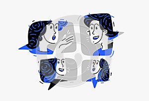 Group of young people having a discussion online via messenger, vector illustration of remote team in a conversation or brainstorm