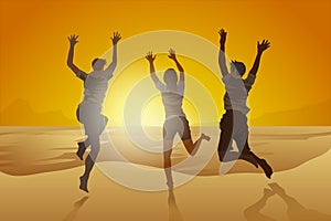 Group of young people jumping on the beach with sunset background