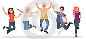 Group of young people jumping on white background