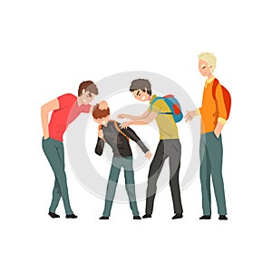 Group of young people mocking a boy, conflict between children, mockery and bullying at school vector Illustration on