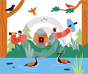 Group of young people observing exotic birds in the forest, flat vector illustration.