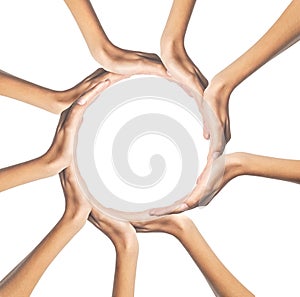 Group of young people's hands isolated on white