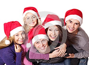 Group young people in santa hat .