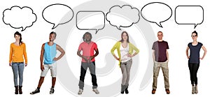 Group of young people saying opinion with speech bubble and copy photo