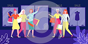Group young people in shop, sale vector illustration. Woman walk store with bag. Girl in shopping center with purchase