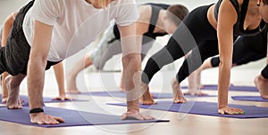 Group of young people standing in Plank pose, close up