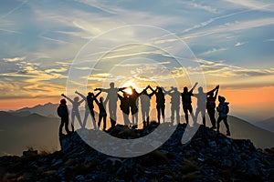 Group of young people standing on top mountain with arms raised at sunset. Ai generated