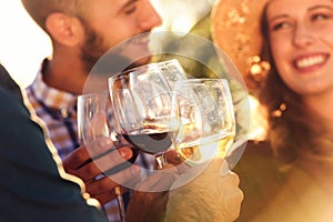 Group of young people tasting wine in winery near vineyard