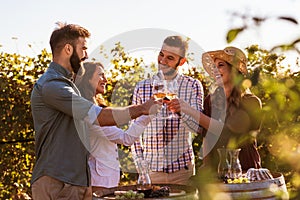 Group of young people tasting wine in winery near vineyard