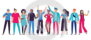 Group of young people. Teenagers team, happy teenager with friends and student person lifestyle flat vector illustration