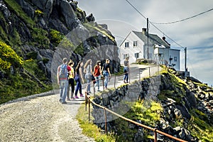 Group of young people is travelling around the Norway