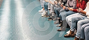 Group of young people using smart mobile phones in subway city underground - Teenagers addiction to new technology trends -