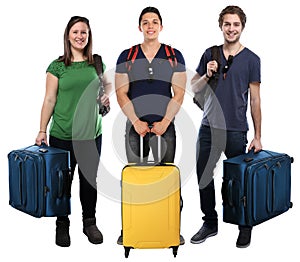 Group of young people vacation holidays luggage bag travel traveling isolated on white