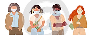 Group of young people wearing protective medical masks. People wearing mask from virus, smog, vapo.Vector illustration in a flat