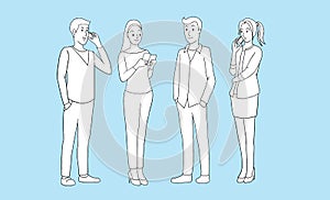 Group of young peoples with smart phone gadgets on a blue background. isolated vector illustration outline hand drawn cartoon desi