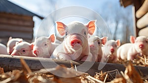 Group of young piglets on hay and straw at pig breeding farm