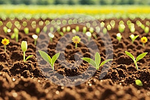 A group of young plant sprouts growing in field with sunlight, generative ai