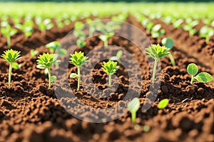 A group of young plant sprouts growing in field with sunlight, generative ai