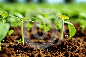 A group of young plant sprouts growing in field with sunlight, generative ai