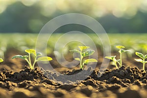 A group of young plant sprouts growing in field with sunlight, generative ai