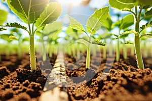 A group of young plant sprouts growing in field with sunlight, generative ai