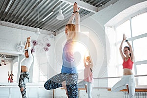 Group of young slim woman practice yoga exercise indoor class. People doing fitness together