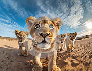 a group of young small teenage lions curiously looking straight into the camera in the desert