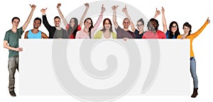 Group of young smiling multi ethnic people holding empty banner